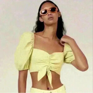 ZARA | Lime/Yellow Gingham Checkered Puff Sleeved  Crop Top